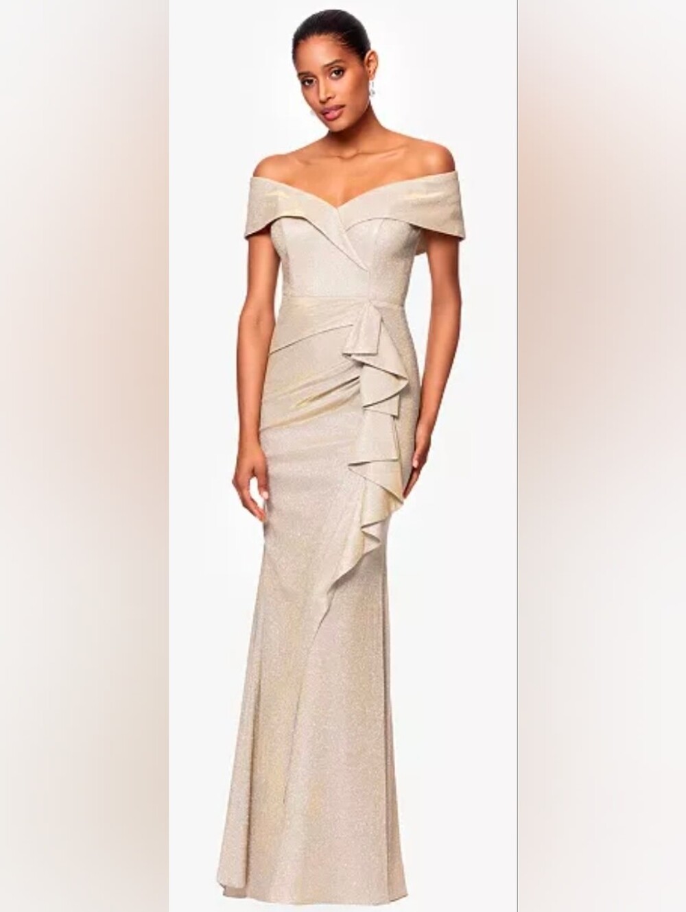 Xscape NWT Gold Glitter Off-Shoulder Ruffle Front Maxi Gown Dress Size 16